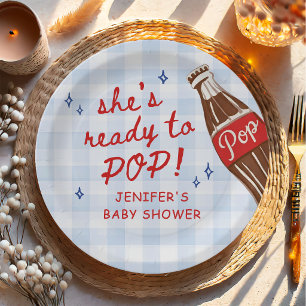 Blue Gingham She's Ready to Pop Baby Shower Paper Plate
