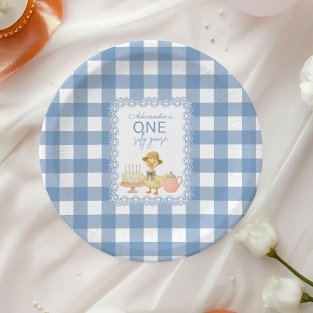  Blue Gingham Silly Goose 1st Birthday Paper Plate (Creator Uploaded)