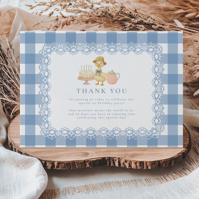  Blue Gingham Silly Goose 1st Birthday Thank You Card (Creator Uploaded)