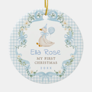 Blue Gingham Silly Goose Baby First Christmas Ceramic Tree Decoration