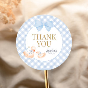 Blue Gingham Silly Goose Baby Shower Classic Round Sticker