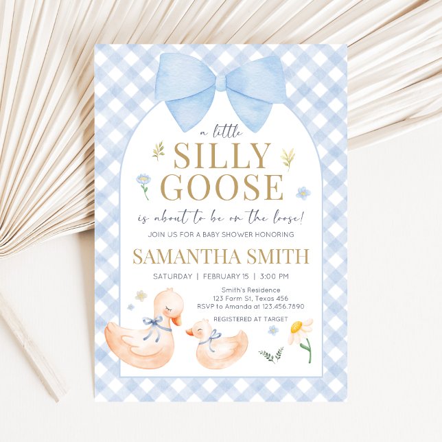 Blue Gingham Silly Goose Baby Shower Invitation (Little Silly Goose Baby Shower Invitation)