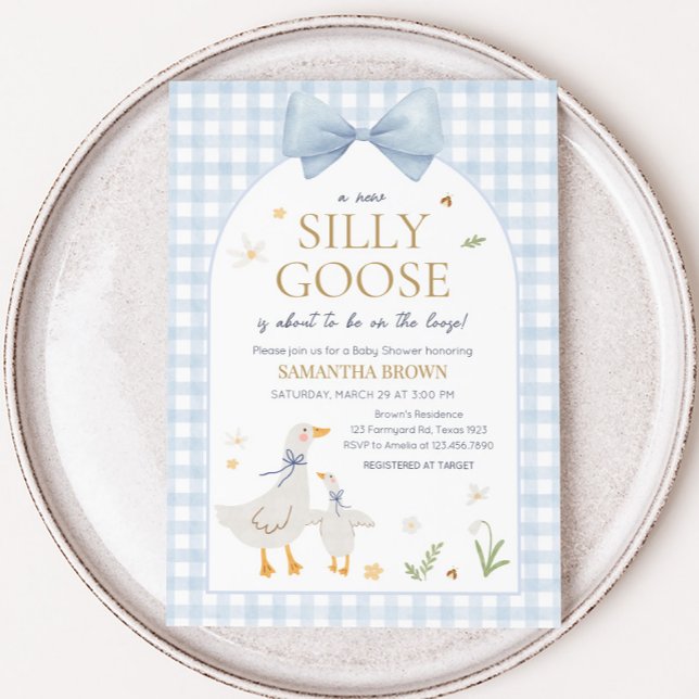 Blue Gingham Silly Goose Baby Shower Invitation (Silly Goose Gingham Baby Shower Invitation)