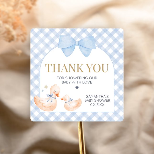 Blue Gingham Silly Goose Baby Shower Square Sticker (Little Silly Goose Baby Shower Sticker)