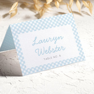 Blue gingham simple boy baby shower place card