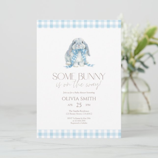 Blue Gingham Some Bunny Baby Shower Invitation (Standing Front)