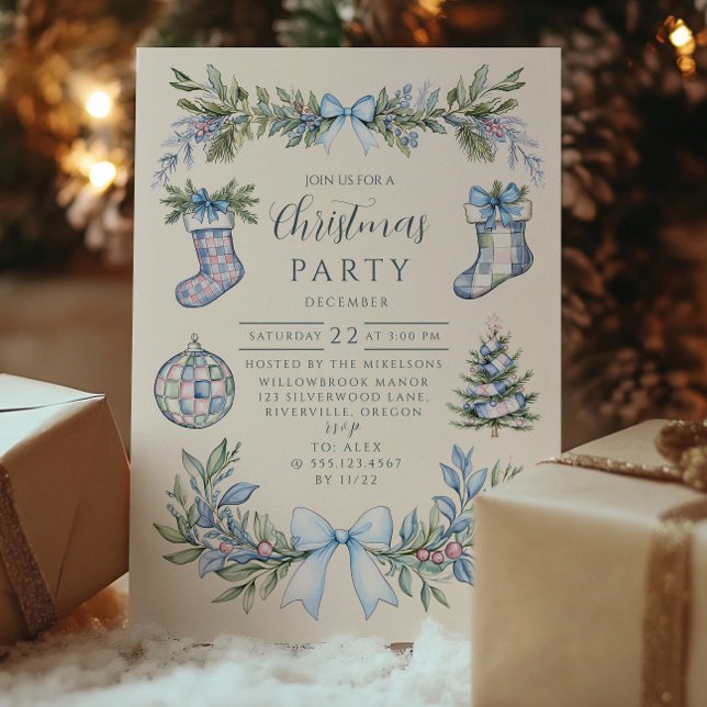 Blue Gingham Stocking Christmas Invitation (Creator Uploaded)