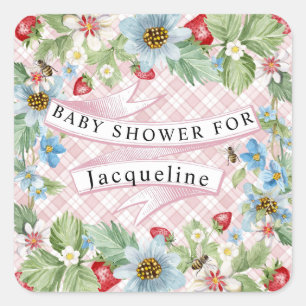 Blue Gingham Strawberry Berry Baby to Bee Shower Square Sticker