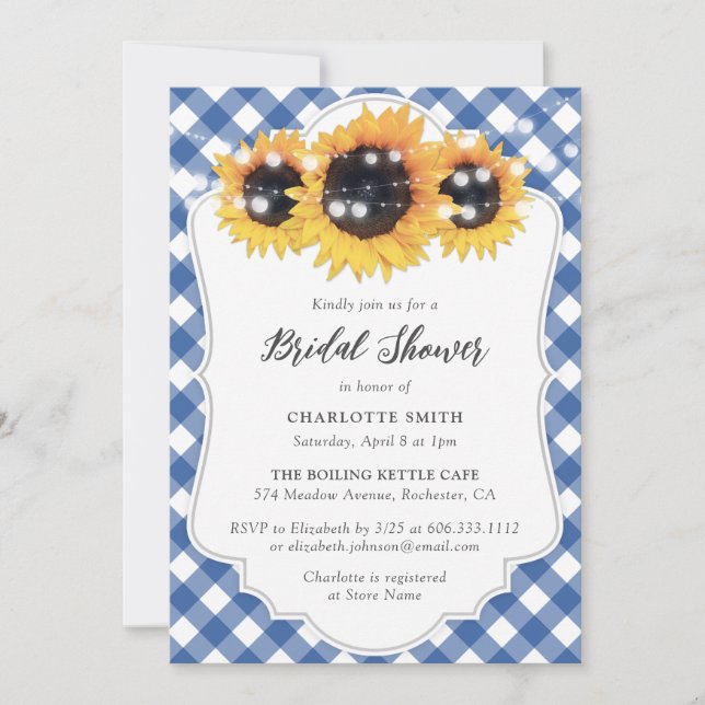 Blue Gingham Sunflower Floral Bridal Shower Invitation (Front)