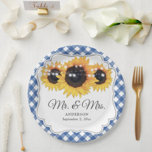 Blue Gingham Sunflower Mr and Mrs Wedding Paper Plate