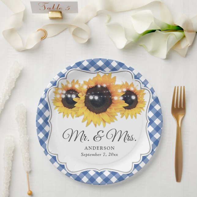 Blue Gingham Sunflower Mr and Mrs Wedding Paper Plate (Wedding)