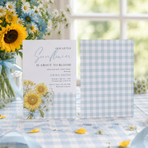Blue Gingham Sunflower Preppy Summer Baby Shower Invitation