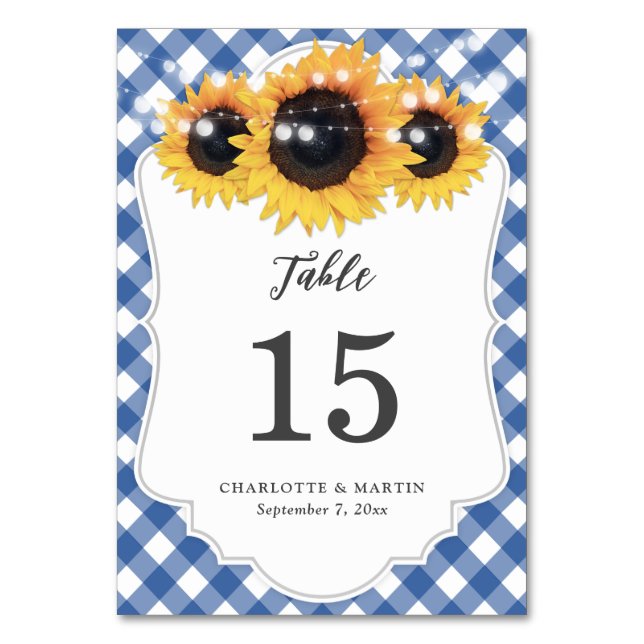 Blue Gingham Sunflower Wedding Table Number Card (Front)