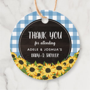 Blue Gingham & Sunflowers Baby-Q Shower Thank You Favour Tags