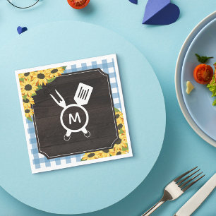 Blue Gingham & Sunflowers Rustic Monogrammed BBQ Napkin