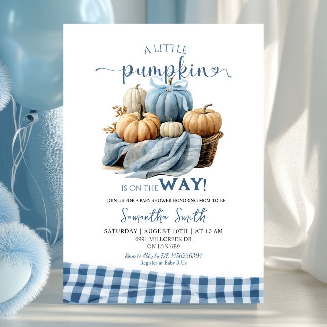 Blue Gingham Sweet Pumpkin Baby Shower Invitation (Creator Uploaded)
