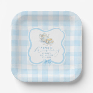 Blue Gingham Tea Party Boy Baby Shower Paper Plate