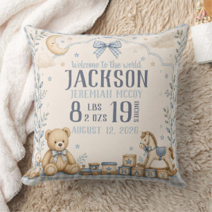 Blue Gingham Teddy Bear Baby Birth Stats Cushion
