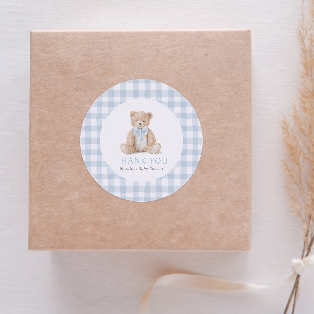 Blue Gingham Teddy Bear Baby Shower Classic Round Sticker (Creator Uploaded)