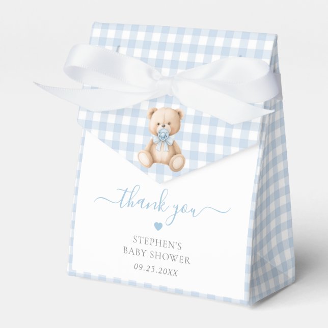 Blue Gingham Teddy Bear Baby Shower  Favour Box (Front Side)