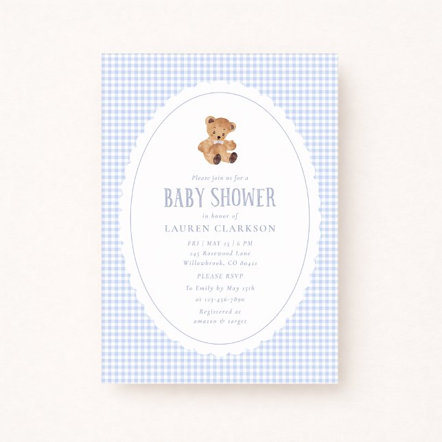 Blue Gingham Teddy Bear Baby Shower Invitation (Creator Uploaded)