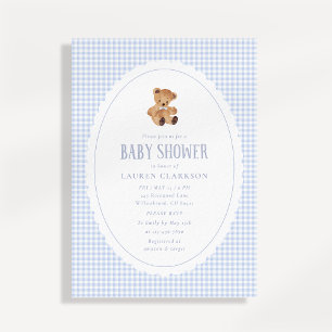 Blue Gingham Teddy Bear Baby Shower Invitation