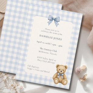 Blue Gingham Teddy Bear Baby Shower Invitation