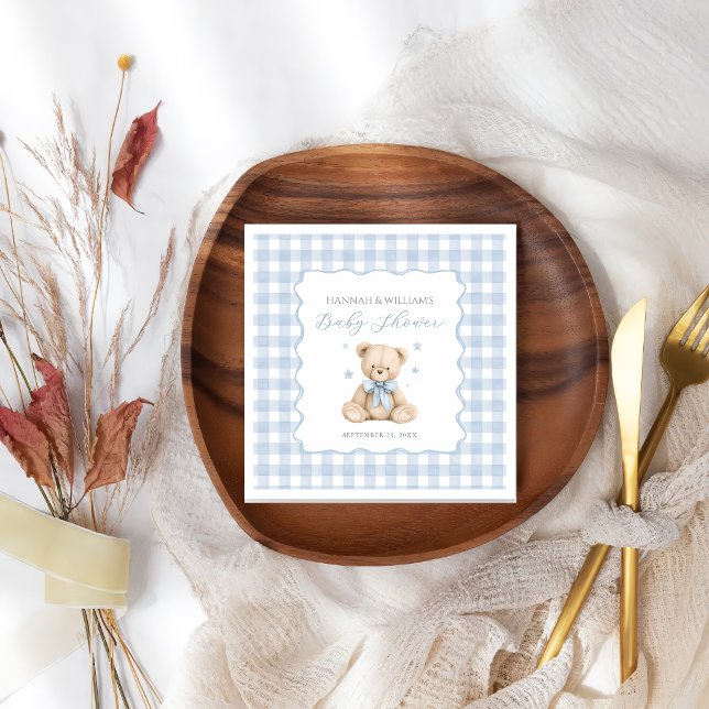 Blue Gingham Teddy Bear Baby Shower Napkins (Creator Uploaded)