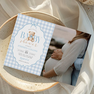 Blue Gingham Teddy Bear Baby Shower Photo Invitation