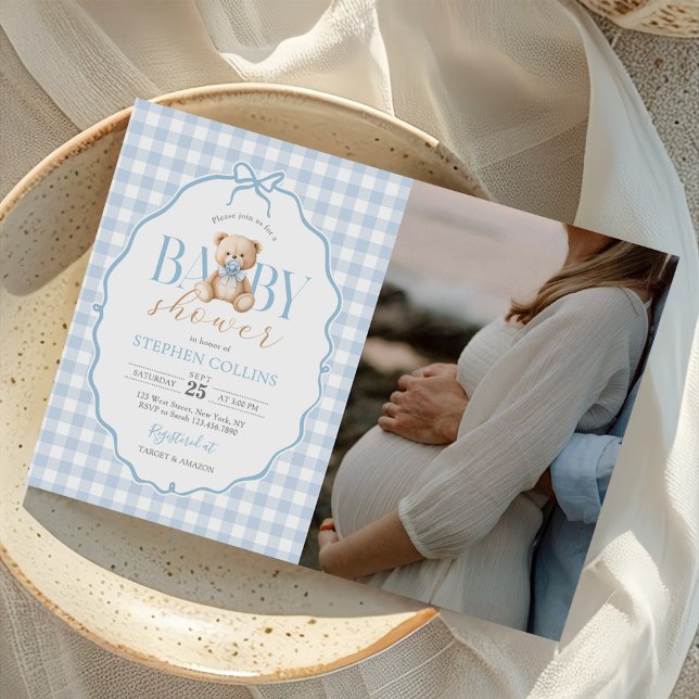 Blue Gingham Teddy Bear Baby Shower Photo Invitation (Creator Uploaded)