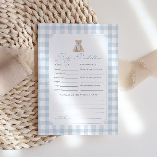 Blue Gingham Teddy Bear Baby Shower Predictions Invitation (Creator Uploaded)
