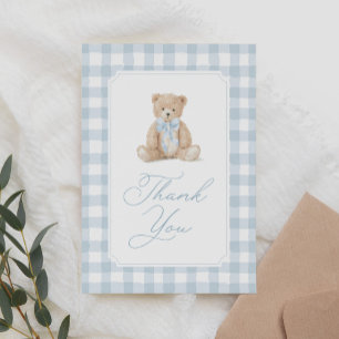 Blue Gingham Teddy Bear Baby Shower Thank You Card