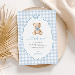 Blue Gingham Teddy Bear Baby Shower Thank You Card