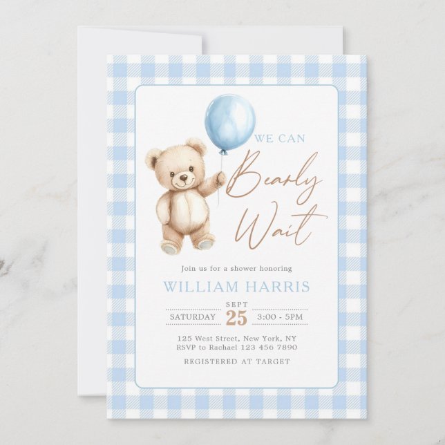 Blue Gingham Teddy Bear Balloon Boy Baby Shower Invitation (Front)
