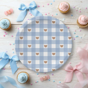 Blue Gingham Teddy Bear- Bearly Wait Baby Boy Show Paper Plate