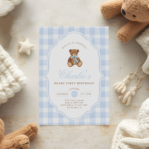Blue Gingham Teddy Bear Beary First Birthday Invitation