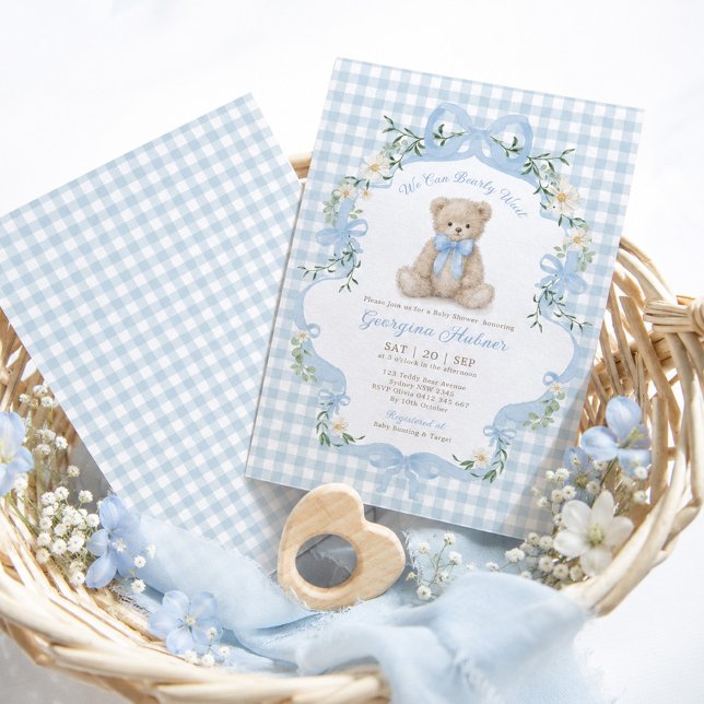 Blue Gingham Teddy Bear Boy Baby Shower Invitation (Creator Uploaded)