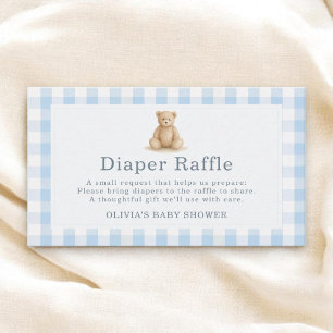 Blue Gingham Teddy Bear Diaper Raffle Baby Shower Enclosure Card