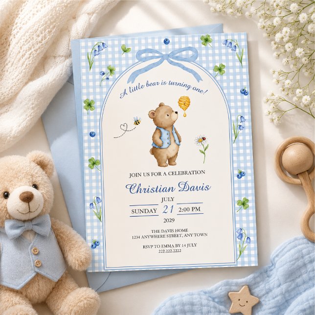 Blue Gingham Teddy Bear First Birthday Invitation (Creator Uploaded)