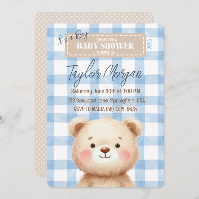 Blue Gingham Teddy Bear Invitation (Front/Back)