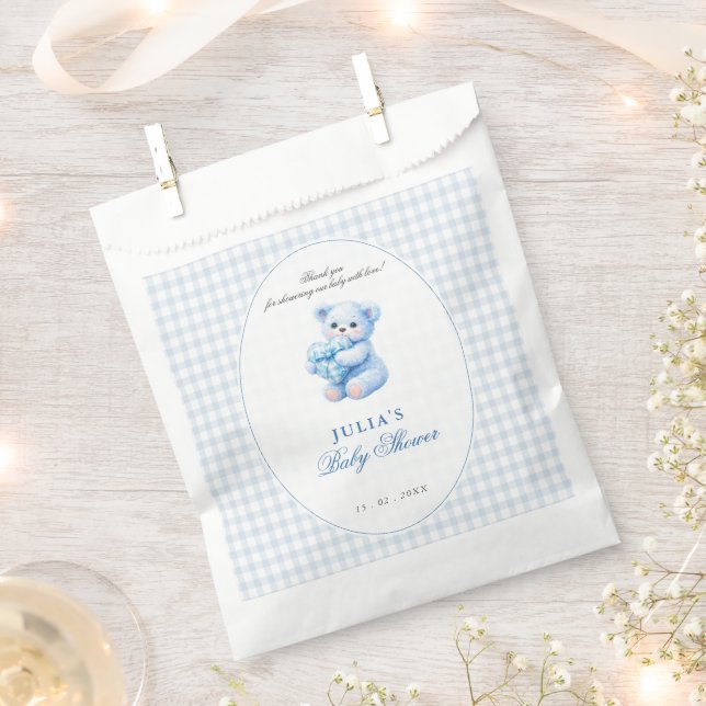 Blue Gingham Teddy Bear Neutral Baby Shower Favour Bags (Clipped)