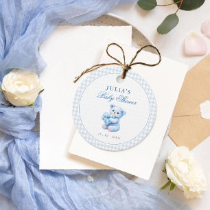 Blue Gingham Teddy Bear Neutral Baby Shower Favour Tags