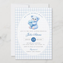 Blue Gingham Teddy Bear Neutral Baby Shower