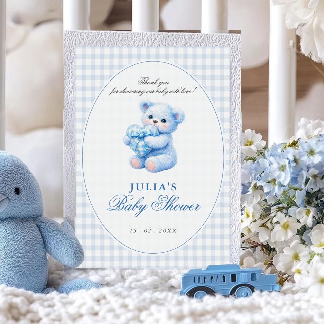 Blue Gingham Teddy Bear Neutral Baby Shower Invitation (Creator Uploaded)