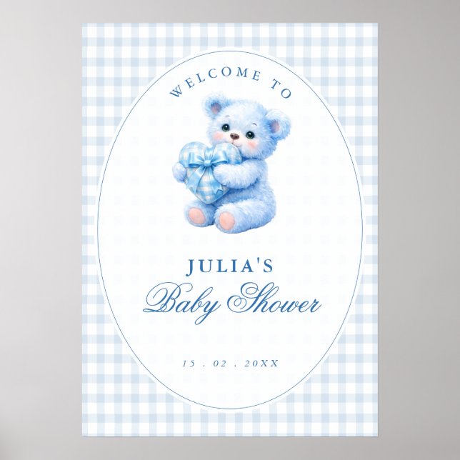 Blue Gingham Teddy Bear Neutral Baby Shower Poster (Front)