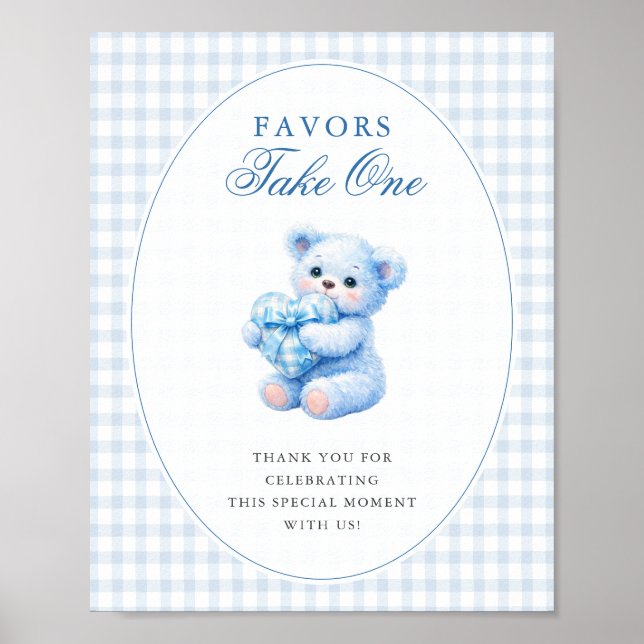 BLUE GINGHAM TEDDY BEAR NEUTRAL BABY SHOWER POSTER (Front)