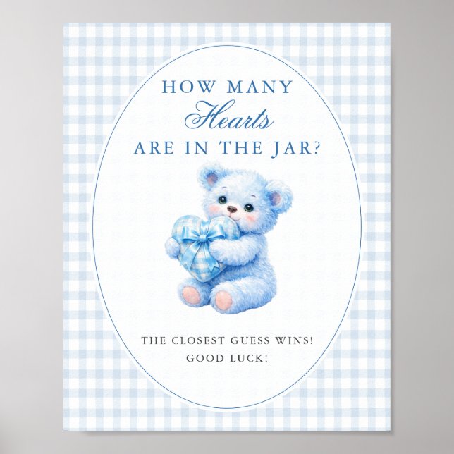 BLUE GINGHAM TEDDY BEAR NEUTRAL BABY SHOWER POSTER (Front)