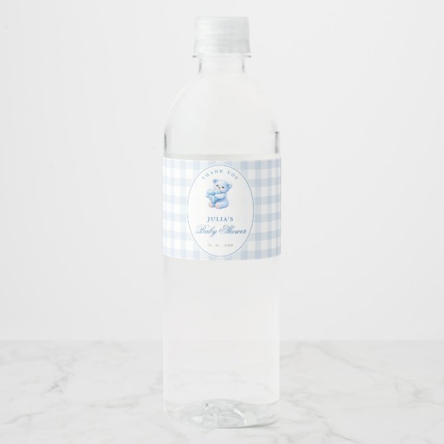 Blue Gingham Teddy Bear Neutral Baby Shower Water Bottle Label (Front)