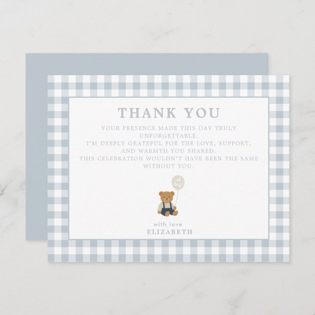  Blue Gingham Teddy Bear thank you card (Front/Back)