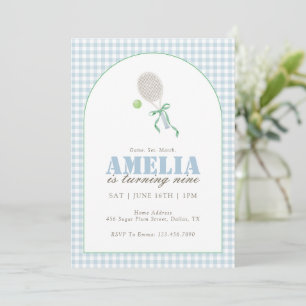 Blue Gingham Tennis 9th Birthday Party for Girls  Invitation